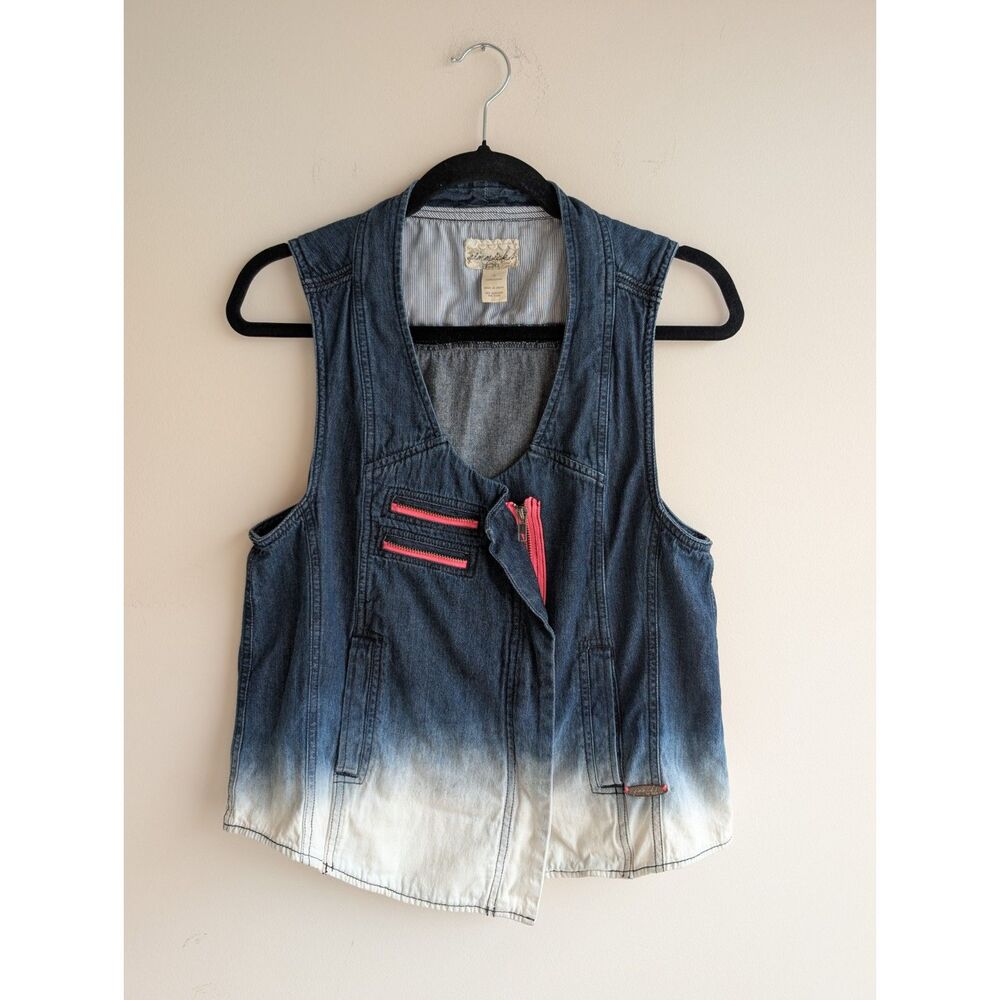 Gimmicks by BKE Women L Ombre Denim Moto Vest Neon Pink Zip Biker Boho Y2K